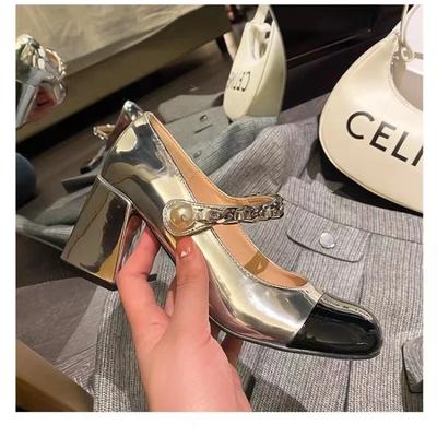 2024 2024 Винтажные туфли на высоком каблуке Женские весенние туфли на каблуке из кожи в стиле пэчворк Сандалии Летние туфли Мэри Джейн с металлической цепочкой