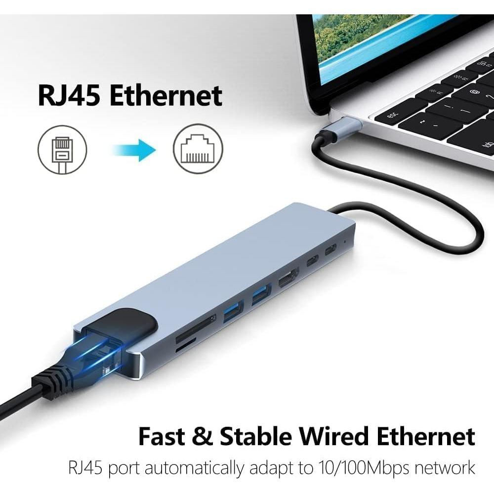 USB C Hub 8 in 1 Type C Hub Multiport Adapter with 4K HDMI/PD Power Delivery USB-C Ethernet 2 USB SD/TF Card Reader