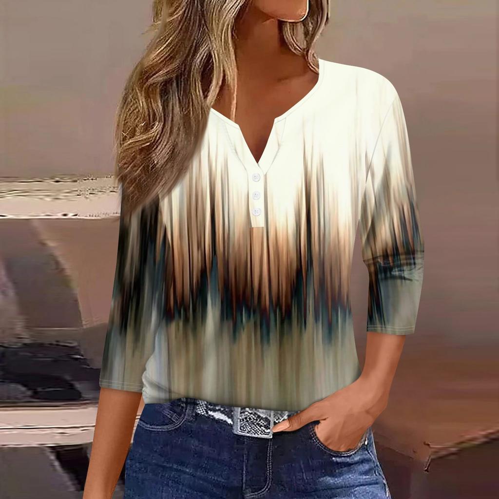 Жен. Футболка С принтом Пуговицы Рукав 3/4 Повседневные Выходные Мода Классический V-образный вырез Обычный Верх