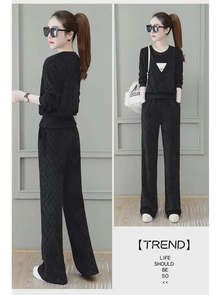 Women's Casual Sportswear Set: Spring/Autumn 2024, Fashionable Loose Fit, Large Size, Long-Sleeve Two-Piece Suit