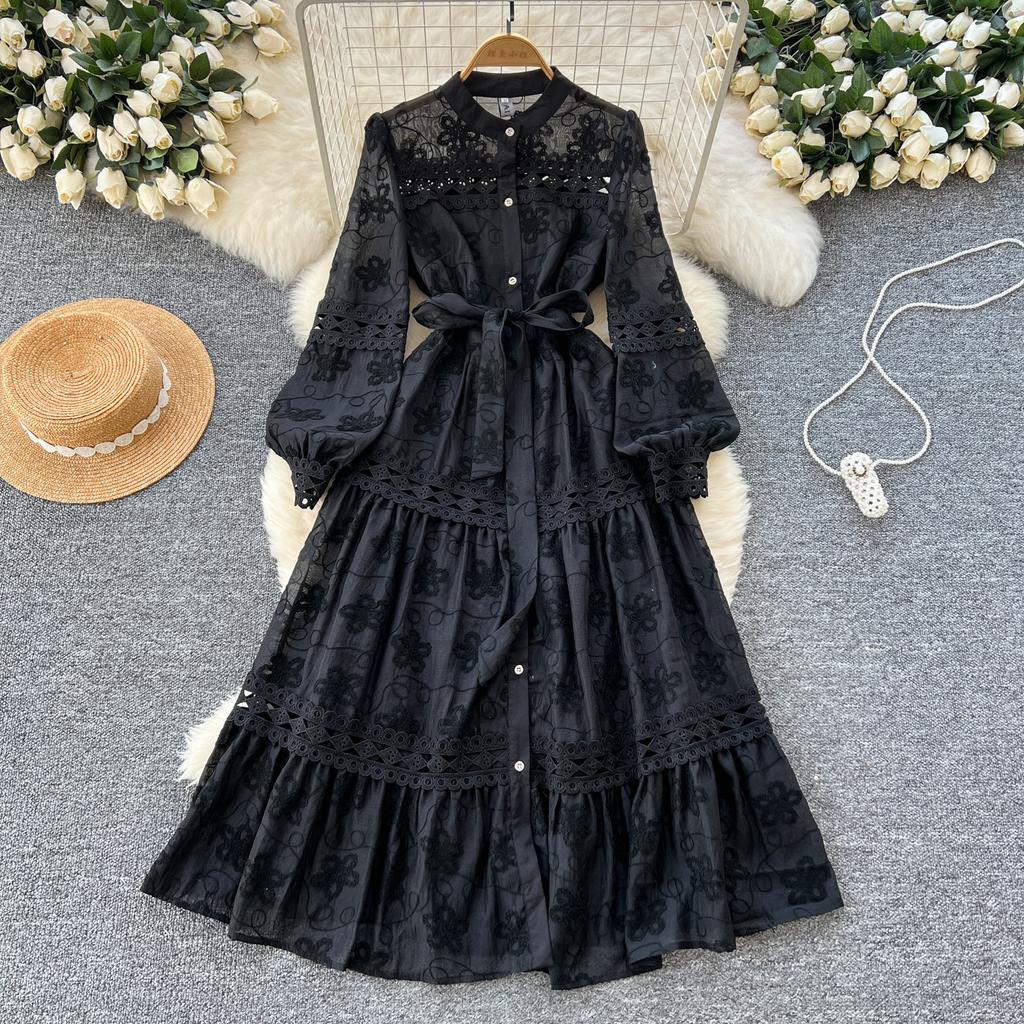 Весна Осень Женские Вышитые Цветочные Кружева Однобортные Платья Рубашки Для Вечеринок