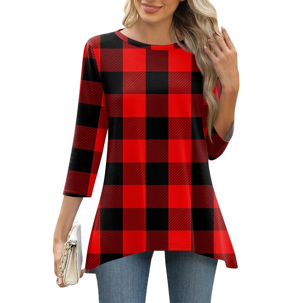 3/4 рукав туника топы для женщин принтованный повседневный выходной свободный крой модная базовая футболка с круглым вырезом