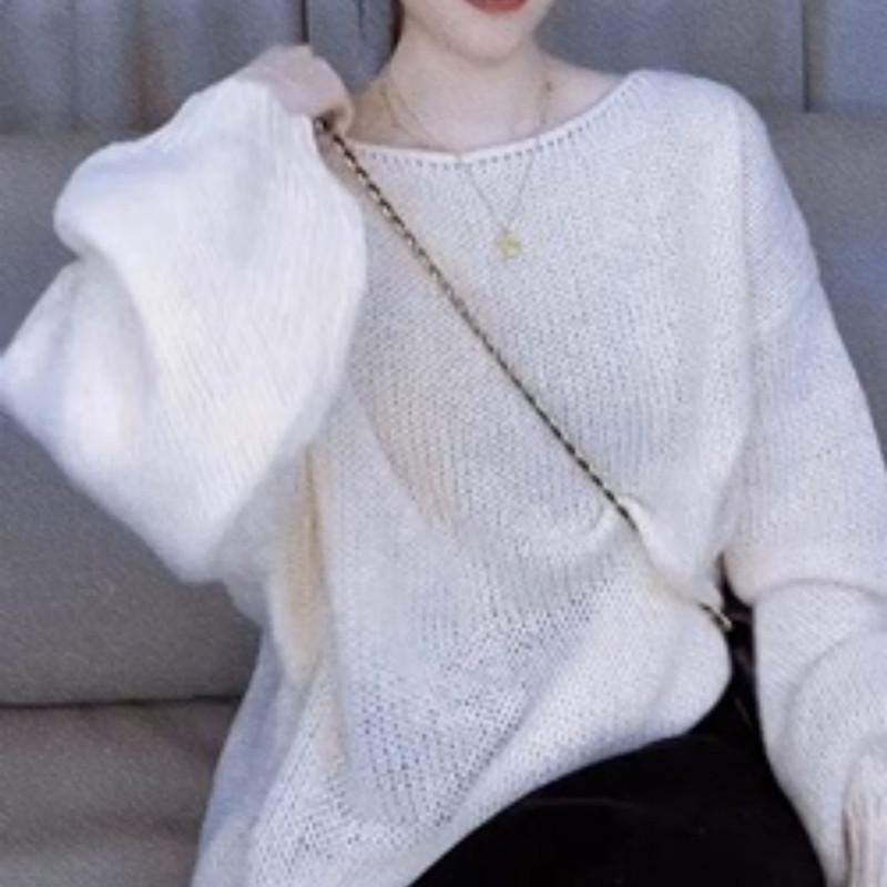 Корейский Сладкий Стиль Молодежный Универсальный Однотонный Свитер с Длинным Рукавом Женский Свободный Расслабленный Крой Облегающий Трикотажный Топ