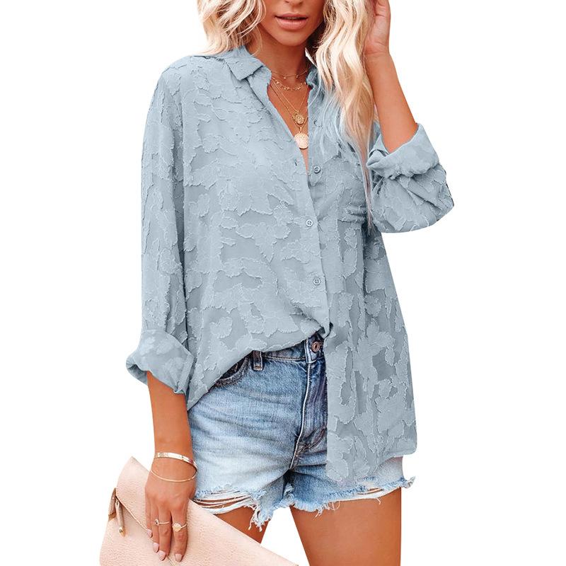 Women's Summer White Loose Lace Chiffon Blouse Long Sleeve Hollow Out Casual Button Down Shirts Fashion Ladies Breathable Daily Wear Tops