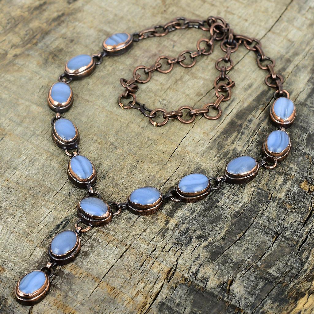 Ожерелье из голубого кружевного агата, ожерелье из электроформированной меди, украшения из драгоценных камней ручной работы, ожерелье с регулируемой цепочкой, антикварные украшения, подарки для мамы