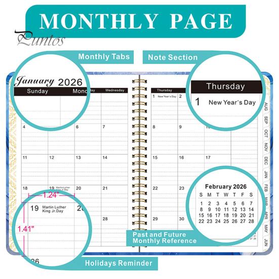 Планировщик на 2025-2026 гг., июль 2025 г. - июнь 2026 г., ежедневный, еженедельный, ежемесячный, 12-месячный, с цветочным принтом, спиральный переплет, блокнот для домашнего офиса, школы