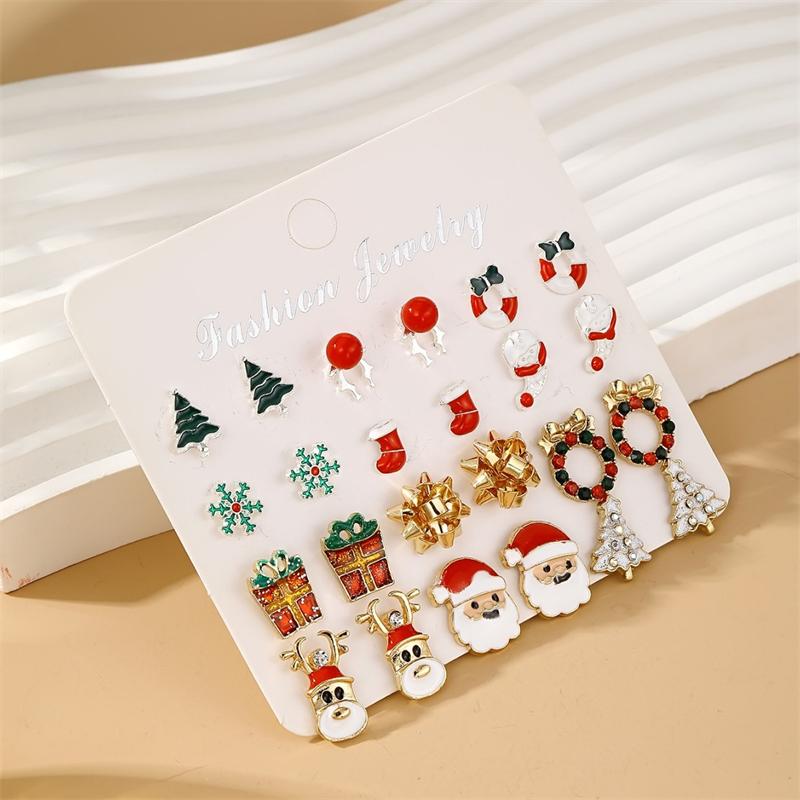 12 Pairs Christmas Enamel Santa Claus Snowflake Earrings Set for Women Zircon Christmas mas Tree Earring Party Jewelry Gift