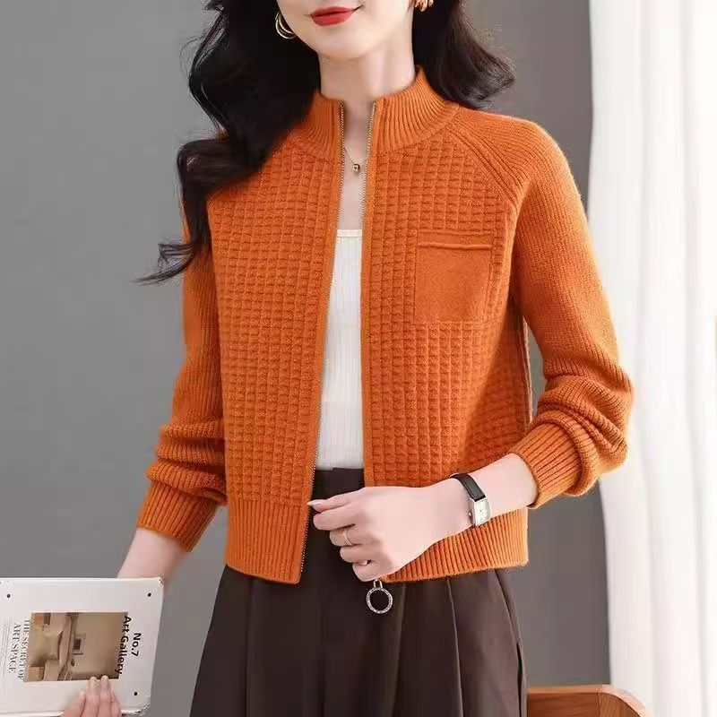 Вязаный кардиган на молнии для женщин Свободный и непринужденный Свитер-пальто со стойкой на молнии Стильное однотонное короткое пальто
