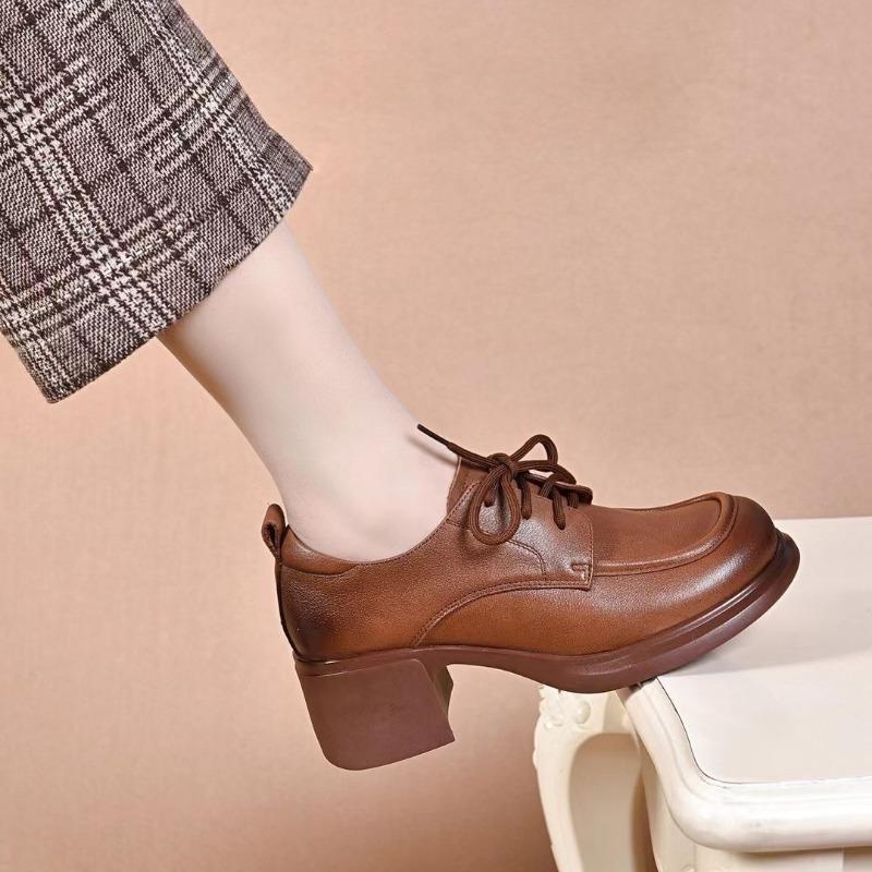 Women's New Spring and Autumn Thick Heel Deep Mouth Lace-up To Increase Height and Thin Muffin Bottom Versatile Work Small Leather Shoes
