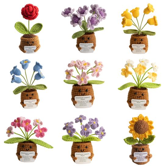 Вязаный крючком горшечный цветок с позитивной открыткой, эмоциональная поддержка, ручная работа, вязаные комнатные растения, кукла, игрушка для снятия стресса, украшение для рабочего стола, орнамент
