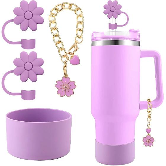 Accessories for Stanley Cup Set,2Pcs Flower Straw Cover Caps 10mm Reble Brown Straw Toppers,1Pcs Cute Handle Charm and 1Pcs Silicone Boot Sleeve for