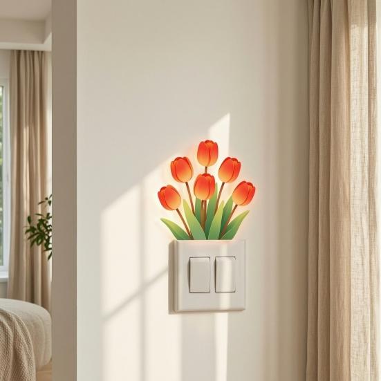 Light Switch Decal Glow-in-the-Dark Tulip Sticker, Waterproof Floral Wall Decoration Decal, Peel Bedroom and Stick Sticker for Living Room Removable