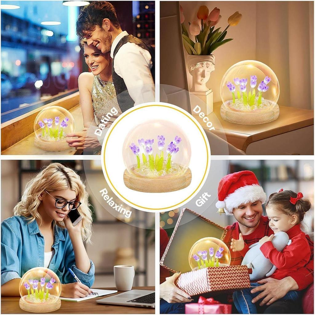 Tulip LED Night Light – Decorative Glass Table Lamp with 10 Artificial Flowers, Soft Glow for Bedroom, Living Room, Birthday & Gifts