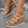 Женские тапочки на танкетке, лето 2024, новые серебристые сандалии с пряжкой, нескользящие тапочки на толстой подошве, пляжные шлепанцы на толстой подошве, женские, ПУ