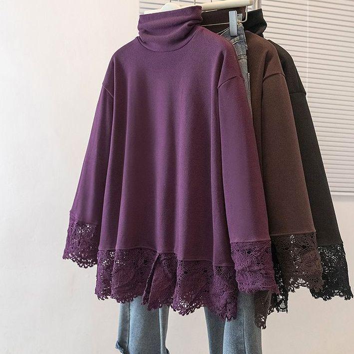 Женский топ большого размера из немецкого бархата с кружевом, длинный рукав, высокий воротник - Стройнящая осенне-зимняя верхняя одежда