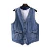 New Men Denim Vest Jacket Fashion Loose Personality Back Strap Casual Blue Male Sleeveless Jean Coat