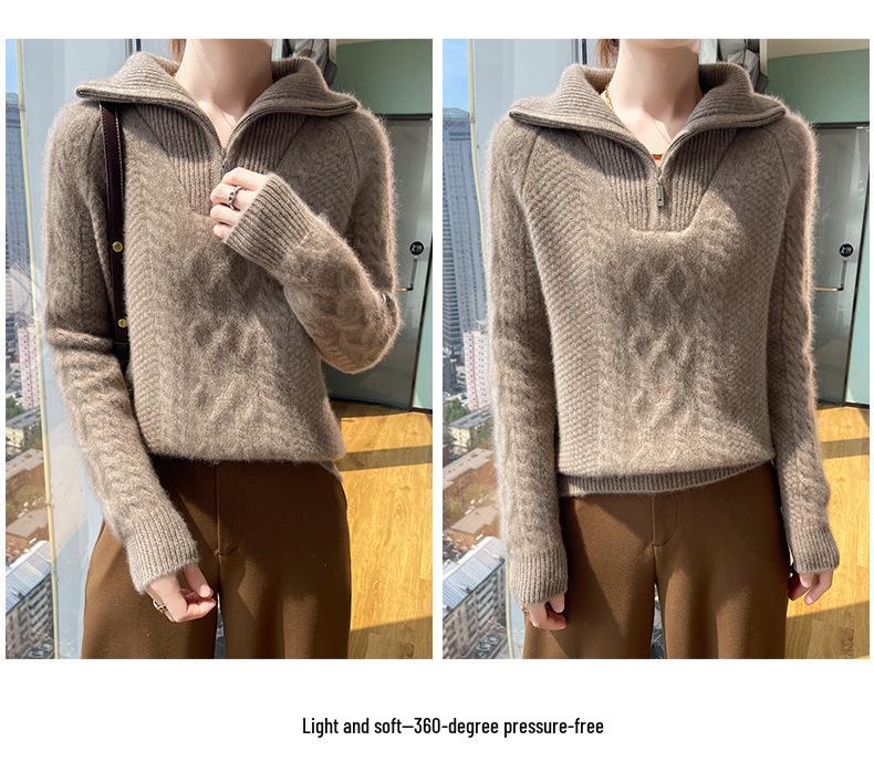 Women's Heavyweight Three-Ply Wool Half-Zip Sweater - Fashionable & Versatile for Autumn/Winter.