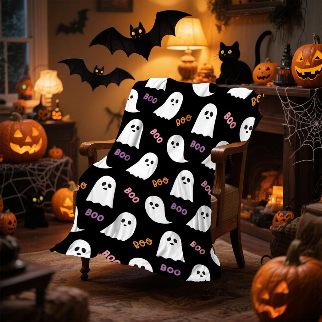 1pc Black Halloween Blanket White Ghost Print for Sofa Chair Skin-Friendly Soft Blankets 2025 New for Home Halloween Decoration
