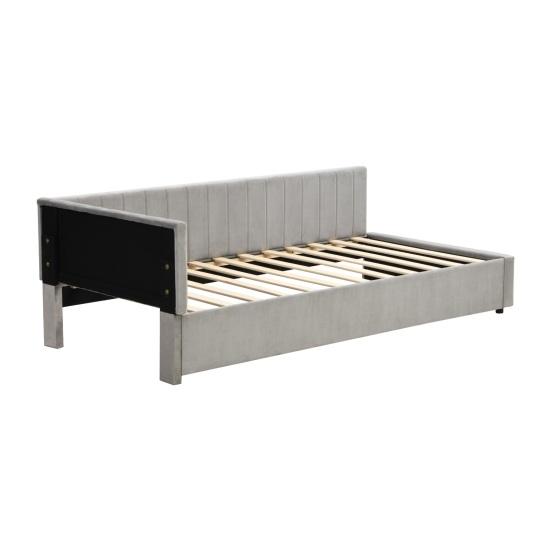 Low Daybed Upholstered Sofa Bed 90x200CM Slatted Frame Velvet Fabric Sleeping Couch Modern Grey Beige Living Room Single Day with Sponge Filling