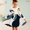Girls High Neck Long Sleeve Printed A Line Flared Dress Faux Fur Trim Bow Decor