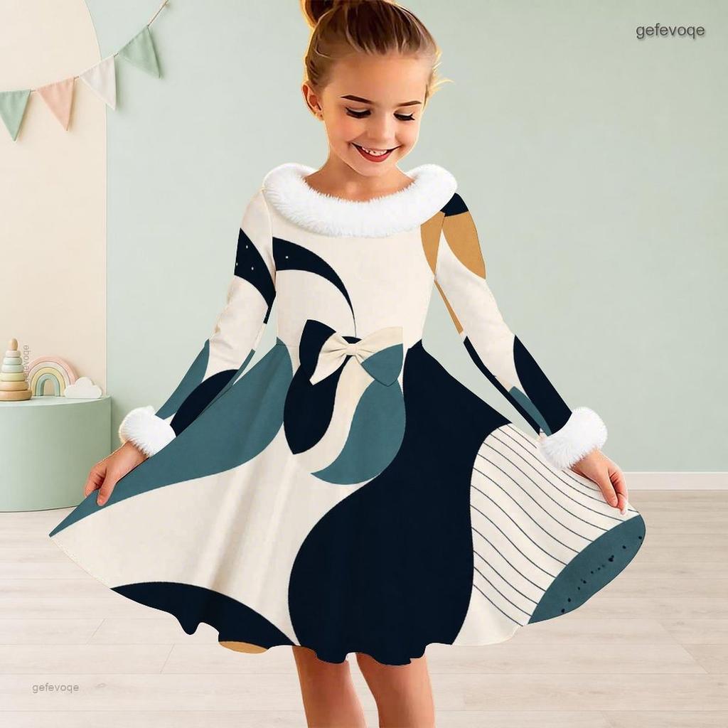 Girls High Neck Long Sleeve Printed A Line Flared Dress Faux Fur Trim Bow Decor
