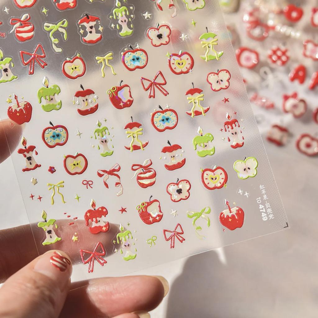 Juicy Red Jelly Tomato Nail Art Sticker Cute Bowknot Glitter Star 5D Fruit Self Adhesive Nail Art Decals for DIY