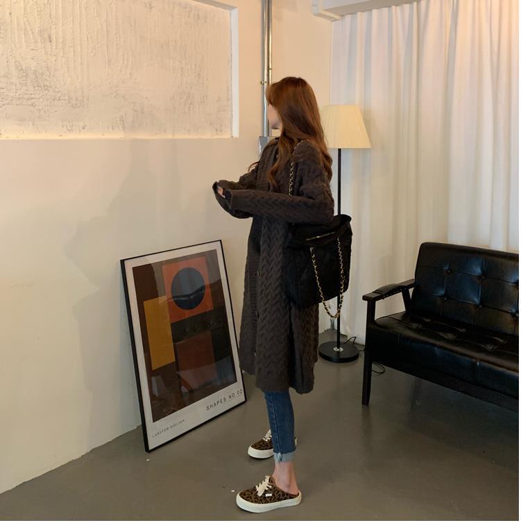 Женский кардиган свитер крупной вязки в корейском стиле до колена - Осень/Зима, Универсальный, Свободный крой, Толстый