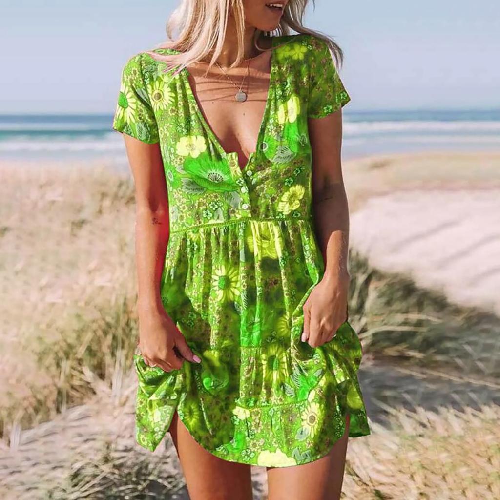 Women's Fashion Loose V-Neck Short Buttons Printing Casual Dress