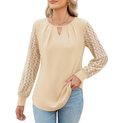 Женский осенне-зимний трикотажный кружевной топ с длинным рукавом и круглым вырезом