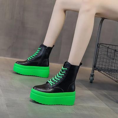 Модные горячие продажи 8 см нескользящие кроссовки из натуральной кожи на платформе и танкетке, супер высокие ботильоны для мотоциклистов, осень-зима, плюшевая женская обувь