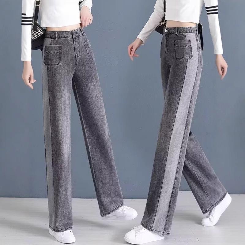 Джинсы женские повседневные больших размеров с высокой посадкой и широкими штанинами дымчато-серого цвета