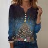 Women's Fashion Casual V-Neck Long Sleeve Decorative Button Christmas Print Top