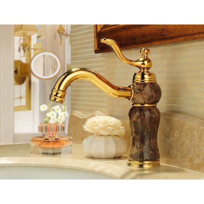 Латунный смеситель для горячей и холодной воды, золотой керамический декор, нефритовый смеситель для ванной комнаты, смеситель для раковины с одним отверстием