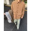 Japanese-Style Retro Large Pocket Plaid Long-Sleeved Shirt Men and Women Vintage Multi-Pocket Couple Contrast Color Shirt Coat