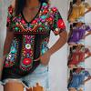 Summer Women's Top On Amazon In Europe and America, Bohemian Printed V-neck Short Sleeved T-shirt for Women