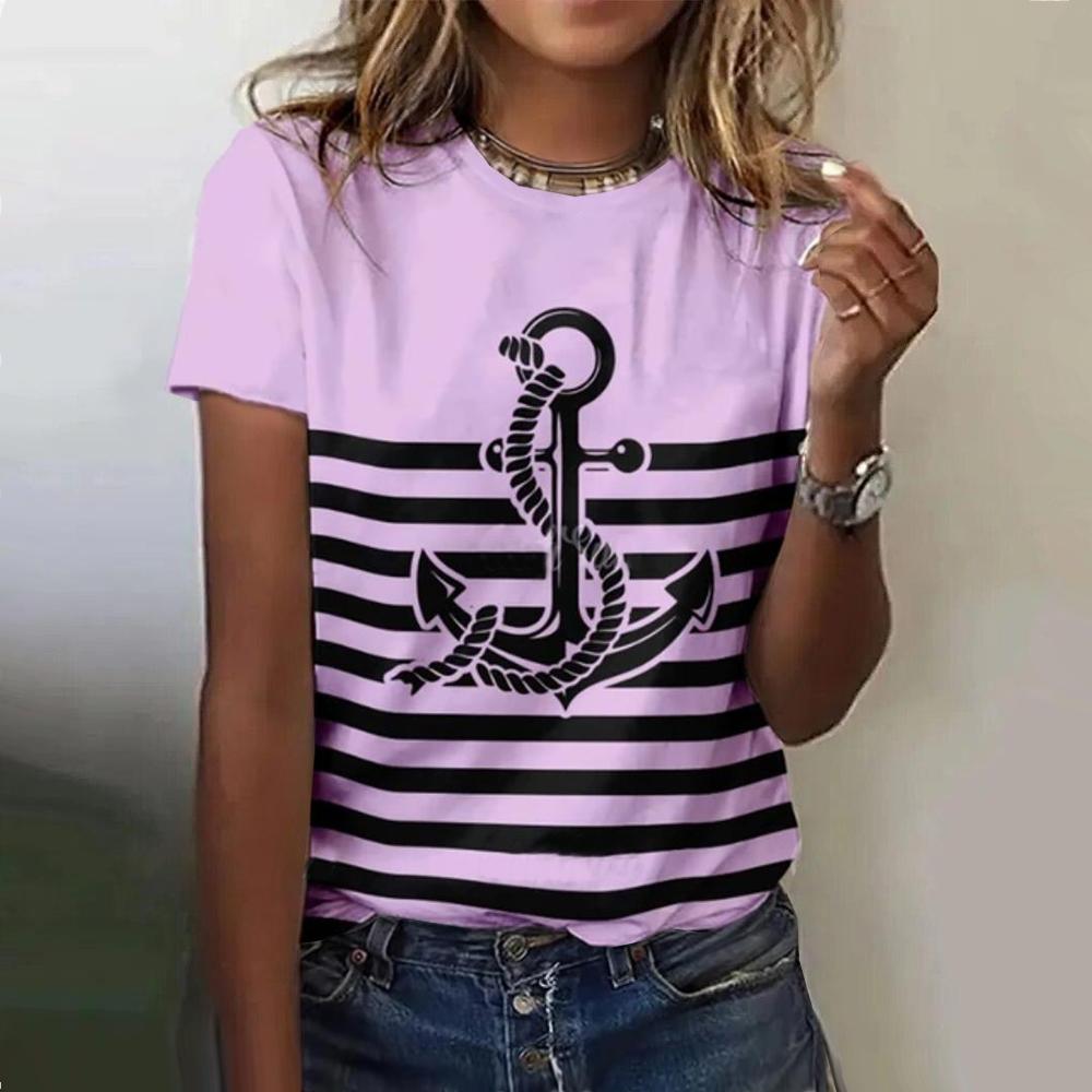 Летняя женская футболка с 3d-принтом и принтом лодки и якоря, модные футболки с круглым вырезом и короткими рукавами, топы, пуловер, женская повседневная свободная футболка Y2k, одежда