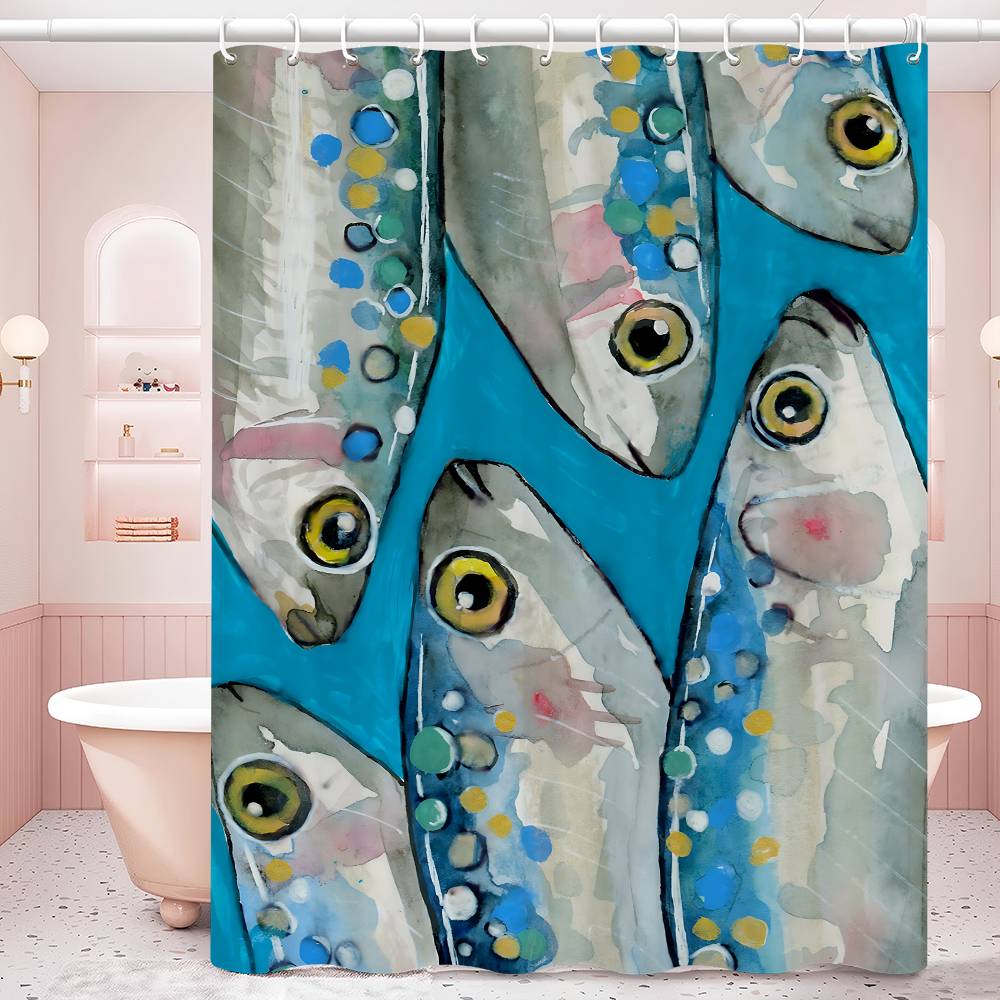 Colorful Sardine Lobster Fish Ocean Bathroom Curtain Classic Anime Fabric Shower Curtain With 12 Hooks Waterproof Bathroom Decor