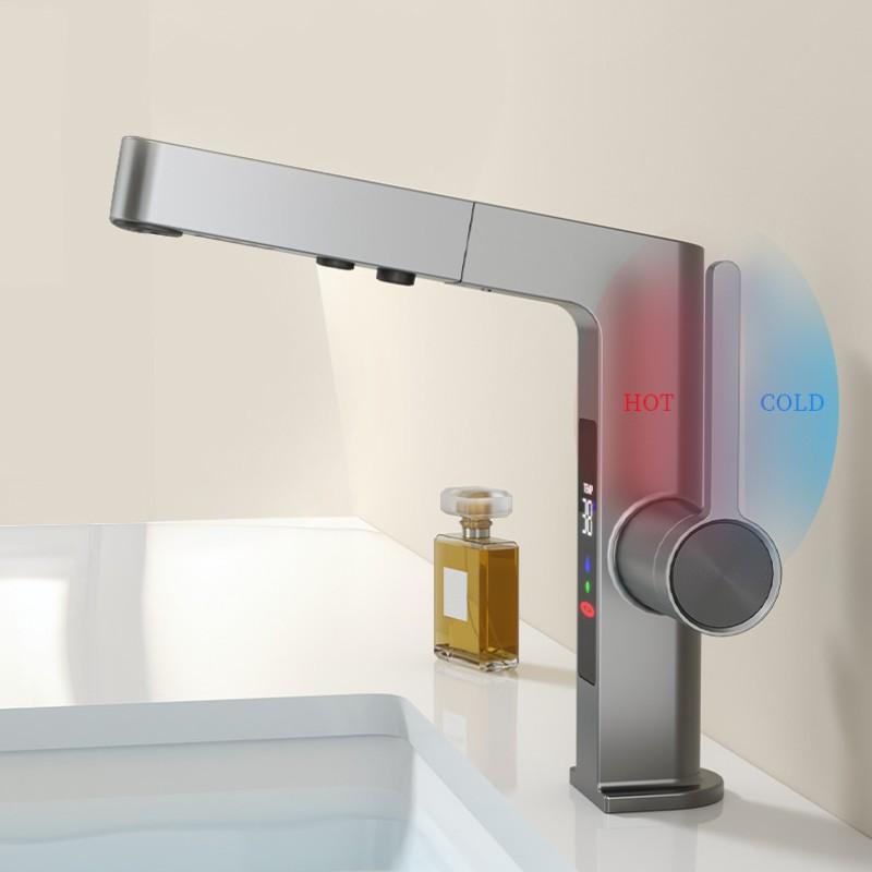Смеситель для раковины с цифровым дисплеем, 2 режима, выдвижной распылитель горячей и холодной воды, смеситель для раковины, смеситель для мытья для ванной комнаты