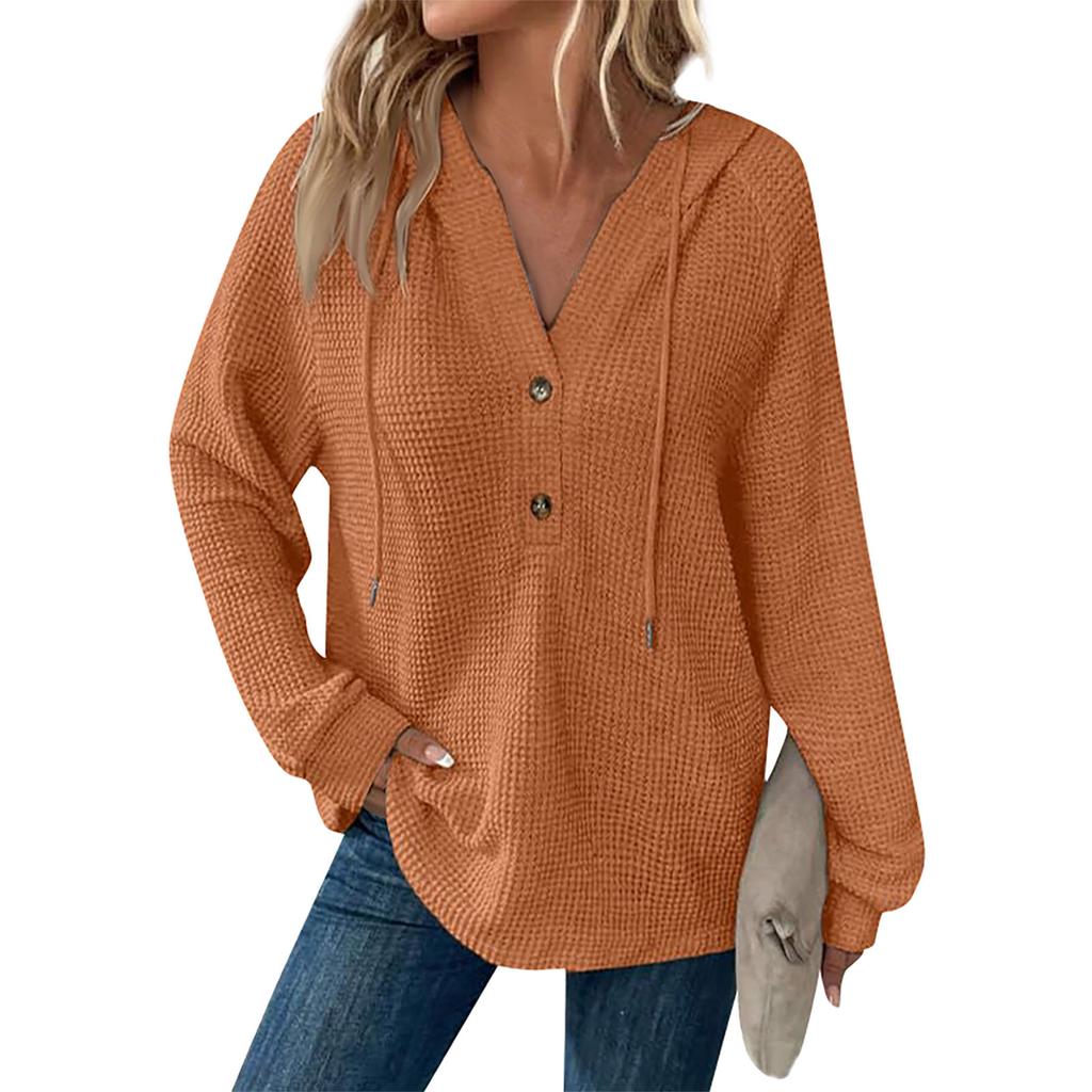 Women's Fashion Long Sleeve Drawstring Hooded Button V-Neck Casual Hooded Sweatshirt Top