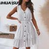 Ruffle Hem Dress Breathable Women Casual V Neck Holiday Loose Dress