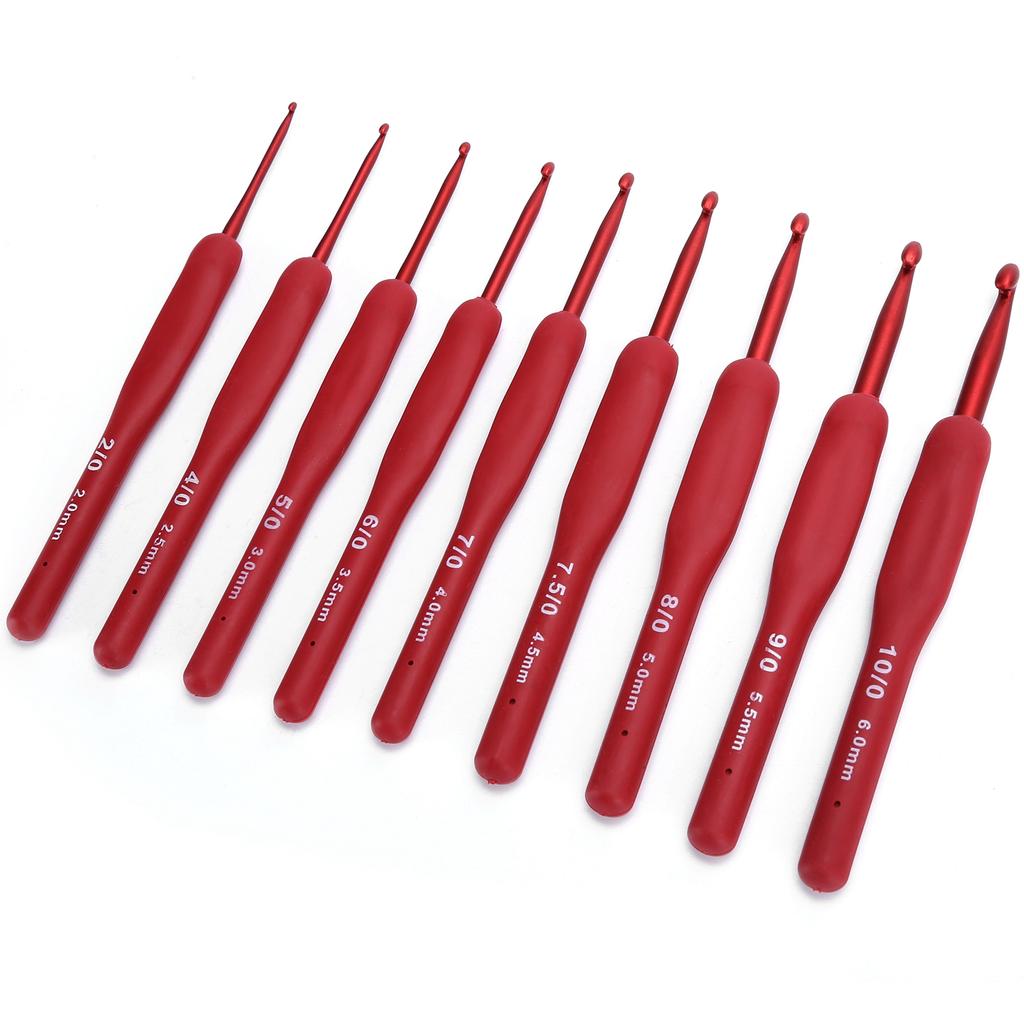 9Pcs Ergonomic Crochet Hook Sweater Sewing Thread Red Handle Craft Accessories Knitting Tools