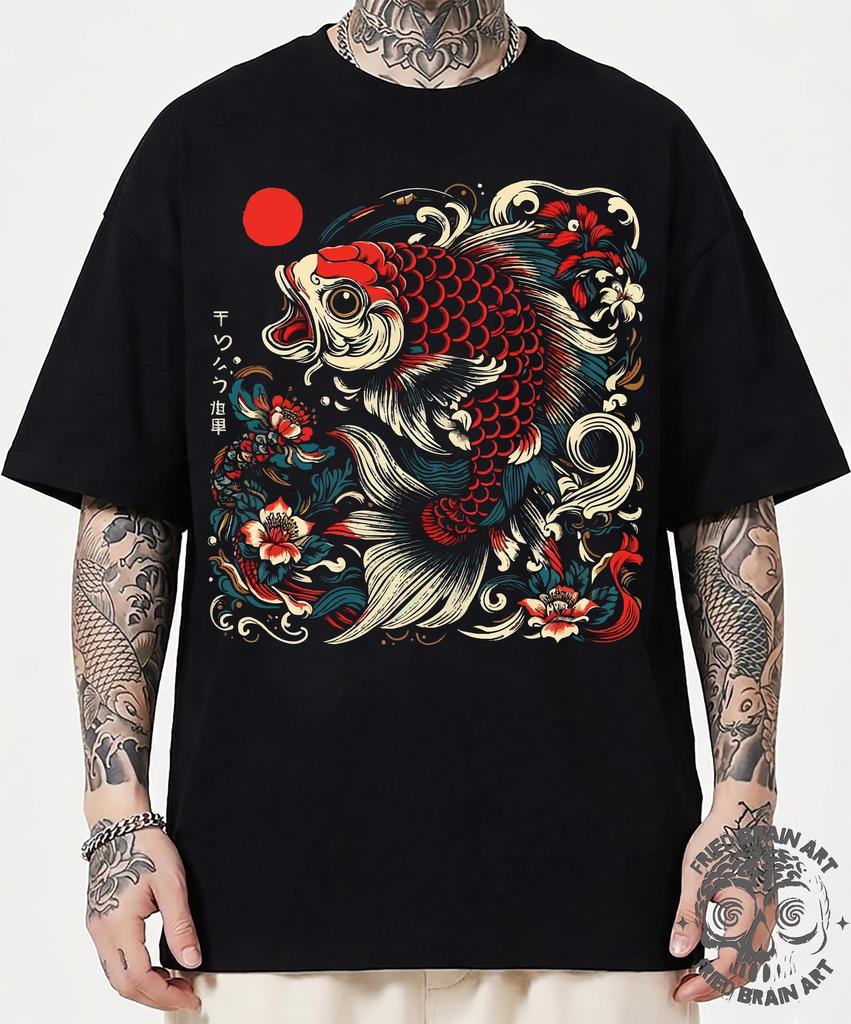 Vintage Japanese Koi Fish T-Shirt: Nautical Asian Art Nouveau Design