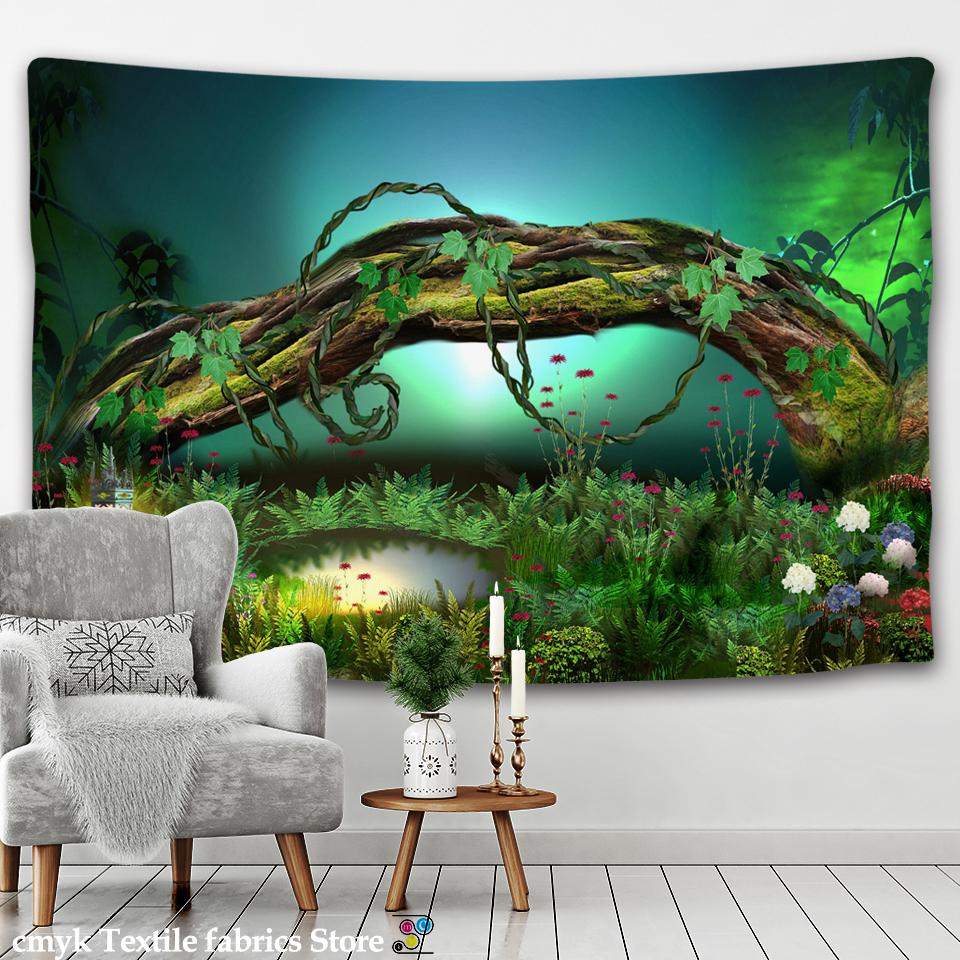 Гобелен с природой и лесом, настенный гобелен с психоделическими деревьями, тканевый гобелен, домашний декор, полиэстер, покрытие для стола, гобелен с закатом и волнами