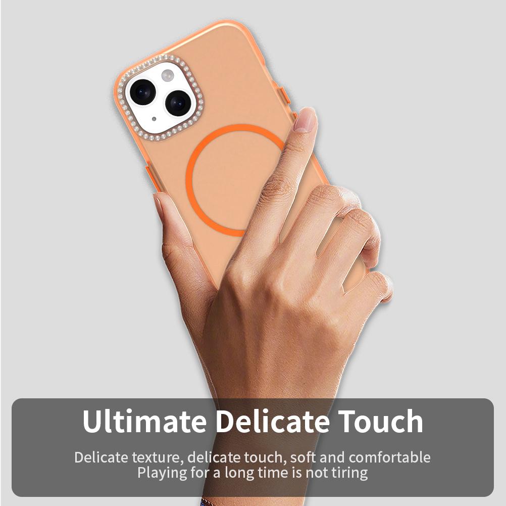 For iPhone 15 Plus/14 Plus Case Compatible with MagSafe TPU+PC+PET Phone Cover Rhinestone Decor Lens Frame