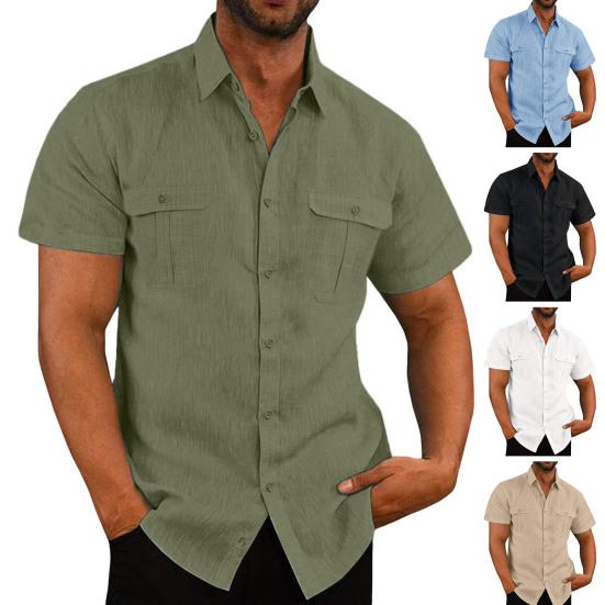 Мужская рубашка Yousheng весна-осень с нагрудными карманами, отложным воротником, застегивающимся на пуговицы, коротким рукавом, однотонный свободный кардиган, повседневная рубашка