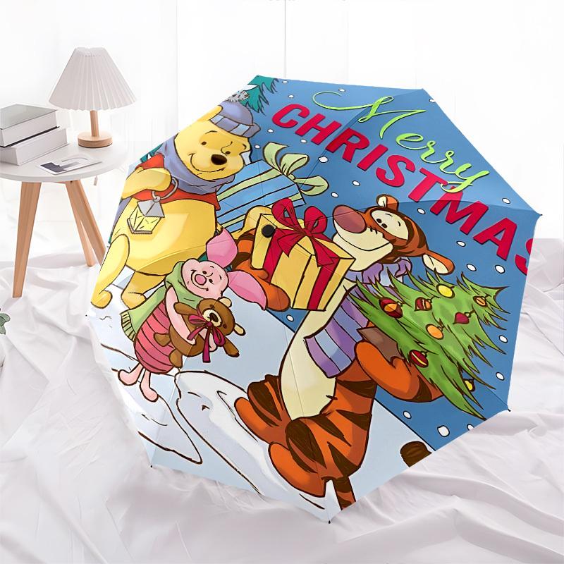 Christmas, Winnie_the_Pooh Themed Automatic Opening and Closing Umbrella, Brightly Colored 8-rib Portable Umbrella, Suitable for Men and Wom