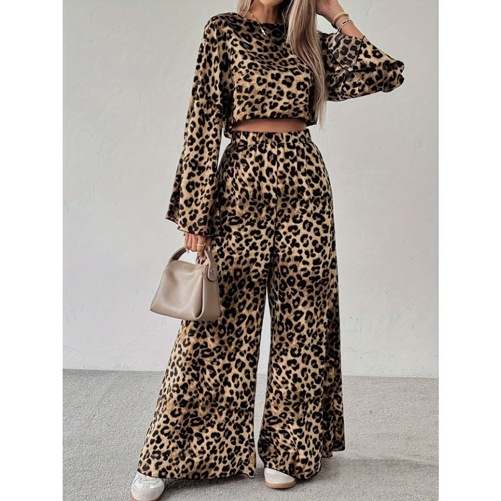 Spring New Women's Leopard Print 2 Piece Set, Casual Loose Long Sleeve Top + Long Pants Outfit, European American Style Casual Suit for Women