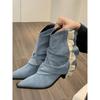 Fashion Cowboy Boot Western Baby Blue High-heeled Pointy Thick Heel Boots Sleeve Short Boots Women Spring and Autumn