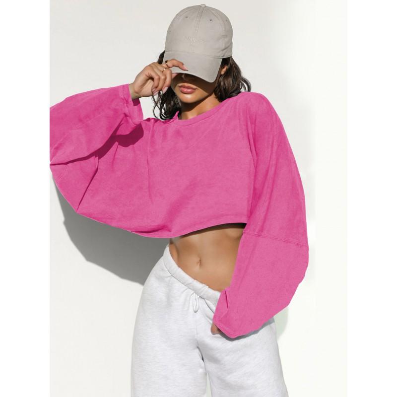 Womens Cropped Crew Neck Sweatshirt Loose Long Sleeve Athletic Top Workout Running