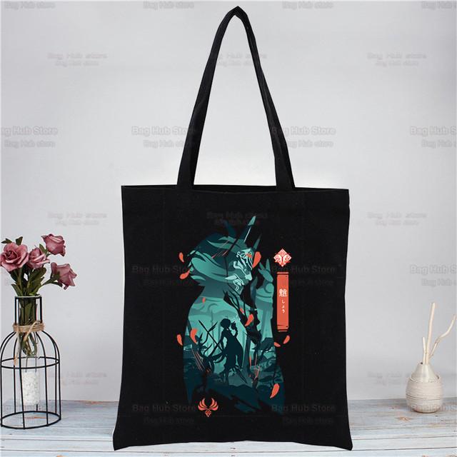 Genshin Impact Xiao аниме-игровые сумки, тканевая холщовая большая сумка, черная сумка для покупок, путешествий, женские эко-многоразовые сумки на плечо для покупок